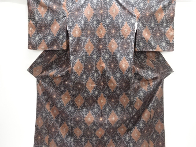 JAPANESE KIMONO / ANTIQUE CHRYSANTHEMUM PATTERN WOVEN TSUMUGI KIMONO E